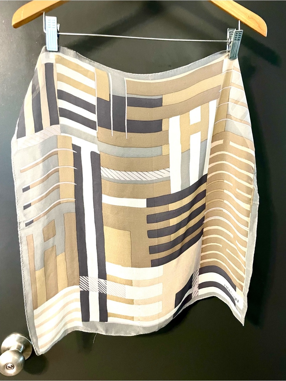 Halston Lifestyle 90s Geometric Silk Scarf in Beige, Gray, White, Black